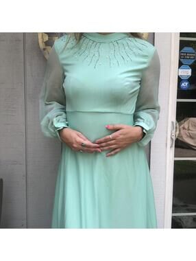 Vintage 50s 60s Mint Green Satin Dress Sheer Peasant Bishop Sleeve USA ILGWU 10
